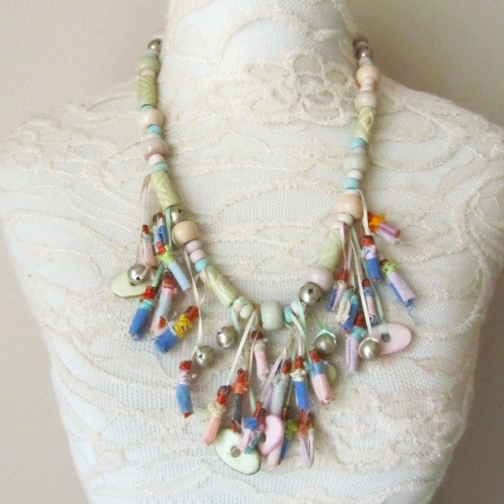 Vintage Boho Worry Doll Ceramic Wood Bead Necklace